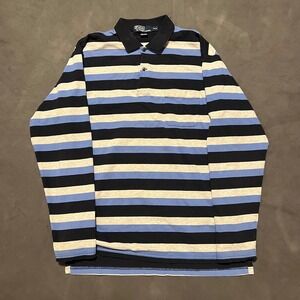 Polo Ralph Lauren Mens M Rugby Long Sleeve Striped Pocket Polo Shirt Navy Blue